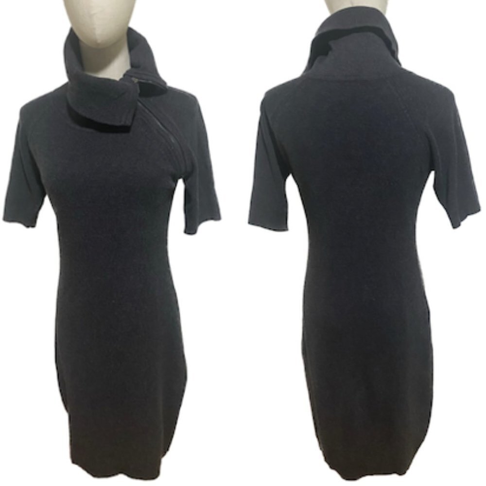 Y2K ELLEN TRACY GRAY SWEATER DRESS KNEE LENGTH ASYMMETRIC ZIP TURTLENECK SZ S - Picture 2 of 5